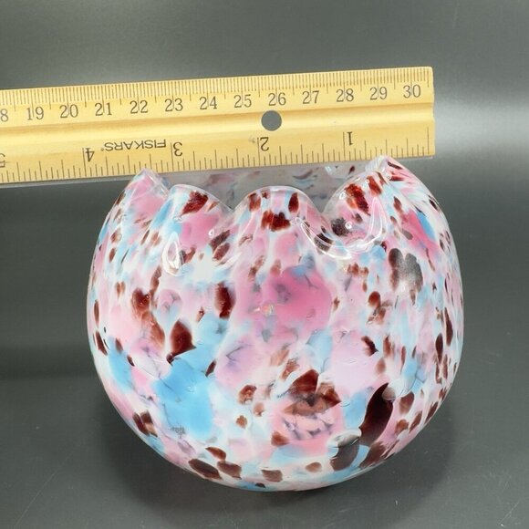 Czech Art Glass Rose Bowl Dish Hand Blown Multicolor Spots Bowl Ruffled Edges - Picture 3 of 14